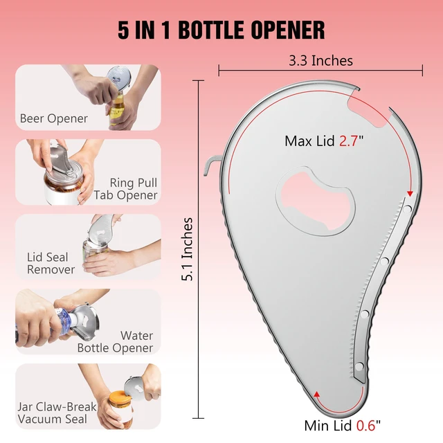 Alt view image 2 of 7 - Multifunction Bottle Opener-Ideal for Weak Hands & Seniors Arthritis | 5 in 1 for Small Jar Lid (0.6"-2.7") , Water, Beer, Can Tab, Vacuum Seals, Stainless Steel Portable Caps Remover Tool(Silver)