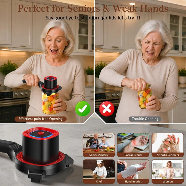 Alt view image 5 of 7 - Electric Jar Opener for Seniors with Auto-Adjusting Gripper,Fit 1"-3.5" Cap | Rechargeable Jar & Bottle Openers for Weak Hands and Arthritis, Easy Twist Off Lid Opener with Rubber Gripper PadBlack
