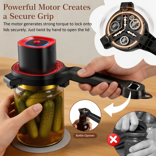 Alt view image 3 of 7 - Electric Jar Opener for Seniors with Auto-Adjusting Gripper,Fit 1"-3.5" Cap | Rechargeable Jar & Bottle Openers for Weak Hands and Arthritis, Easy Twist Off Lid Opener with Rubber Gripper PadBlack