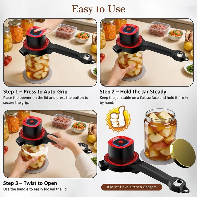 Alt view image 6 of 7 - Electric Jar Opener for Seniors with Auto-Adjusting Gripper,Fit 1"-3.5" Cap | Rechargeable Jar & Bottle Openers for Weak Hands and Arthritis, Easy Twist Off Lid Opener with Rubber Gripper PadBlack