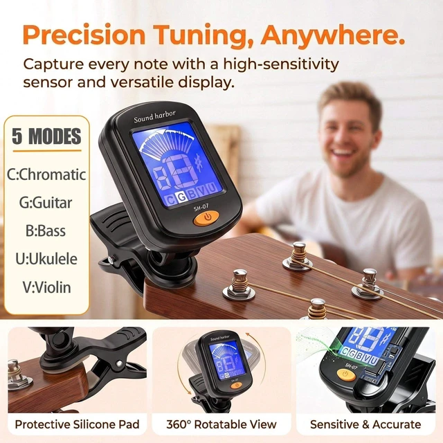 Alt view image 3 of 7 - Guitar Tuner,Clip-On Tuner Model SH-07 Tuners,for Acoustic Electric Guitar, Bass, Ukulele, Violin,banjo Tuning (Black, 1-Pack Tunrer)