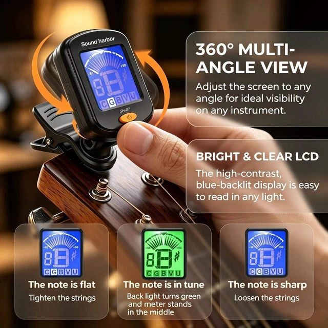 Alt view image 4 of 7 - Guitar Tuner,Clip-On Tuner Model SH-07 Tuners,for Acoustic Electric Guitar, Bass, Ukulele, Violin,banjo Tuning (Black, 1-Pack Tunrer)