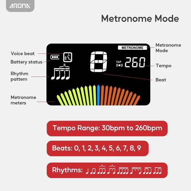 Alt view image 3 of 7 - Digital Metronome Tuner Rechargeable for All Instruments with Guitar Bass Violin Ukulele Chromatic and Wind Instruments Tuning Modes