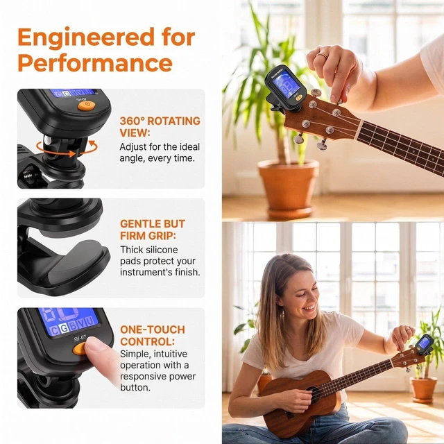Alt view image 6 of 7 - Guitar Tuner,Clip-On Tuner Model SH-07 Tuners,for Acoustic Electric Guitar, Bass, Ukulele, Violin,banjo Tuning (Black, 1-Pack Tunrer)