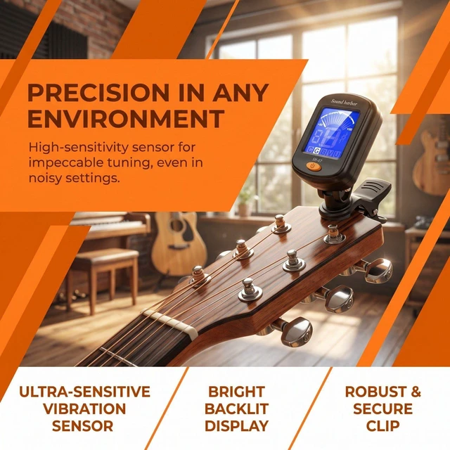 Alt view image 7 of 7 - Guitar Tuner,Clip-On Tuner Model SH-07 Tuners,for Acoustic Electric Guitar, Bass, Ukulele, Violin,banjo Tuning (Black, 1-Pack Tunrer)