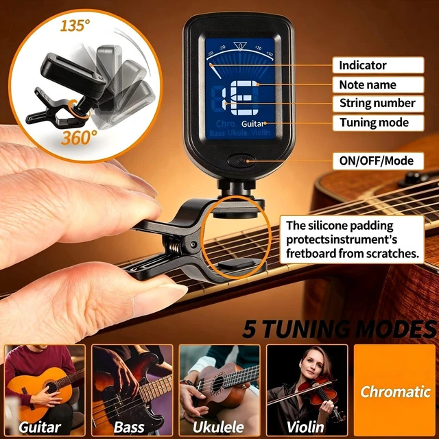 Alt view image 2 of 7 - Guitar Tuner Clip On 1 Pack Tuners for Acoustic Electric Guitar Bass Ukulele Violin banjo Tuning