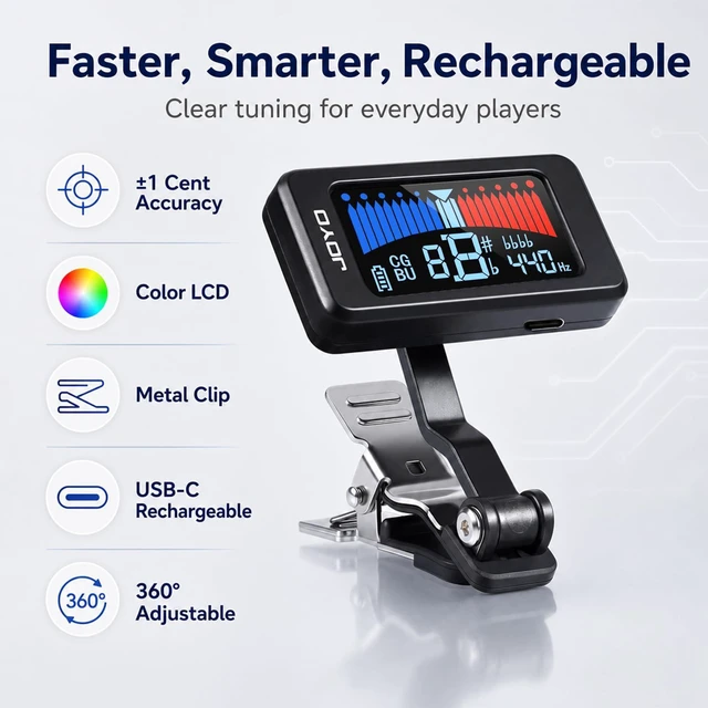 Alt view image 2 of 7 - Rechargeable Guitar Tuner Clip On, ±1 Cent, Chromatic Tuning JT-480 | Accurate and Fast, 360° Swivel, USB-C Charging, Color LCD Screen, Easy to Read, Non-Marring Clamp for Electric/Bass/Ukulele