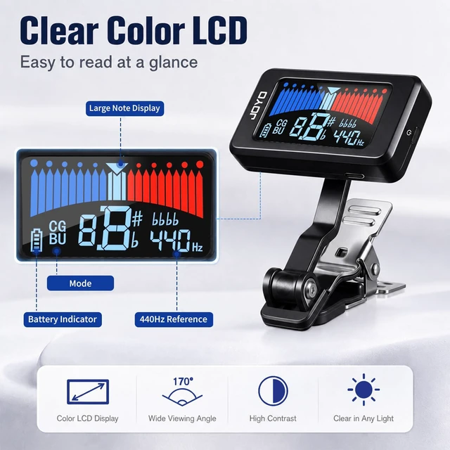 Alt view image 4 of 7 - Rechargeable Guitar Tuner Clip On, ±1 Cent, Chromatic Tuning JT-480 | Accurate and Fast, 360° Swivel, USB-C Charging, Color LCD Screen, Easy to Read, Non-Marring Clamp for Electric/Bass/Ukulele