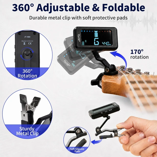 Alt view image 6 of 7 - Rechargeable Guitar Tuner Clip On, ±1 Cent, Chromatic Tuning JT-480 | Accurate and Fast, 360° Swivel, USB-C Charging, Color LCD Screen, Easy to Read, Non-Marring Clamp for Electric/Bass/Ukulele