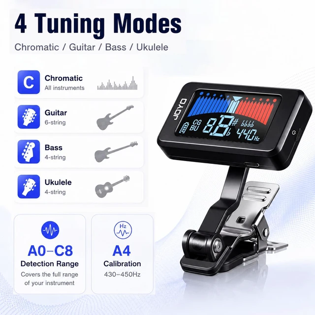Alt view image 7 of 7 - Rechargeable Guitar Tuner Clip On, ±1 Cent, Chromatic Tuning JT-480 | Accurate and Fast, 360° Swivel, USB-C Charging, Color LCD Screen, Easy to Read, Non-Marring Clamp for Electric/Bass/Ukulele