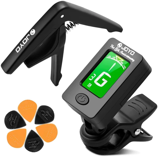 Main image of Guitar Tuner and Capo Set Clip On Chromatic Guitar Tuner with LCD Display & Premium Guitar Capo & Picks Fast Accurate Tuning for Acoustic Electric Guitar, Bass, Ukulele, Violin (JTCP-01)