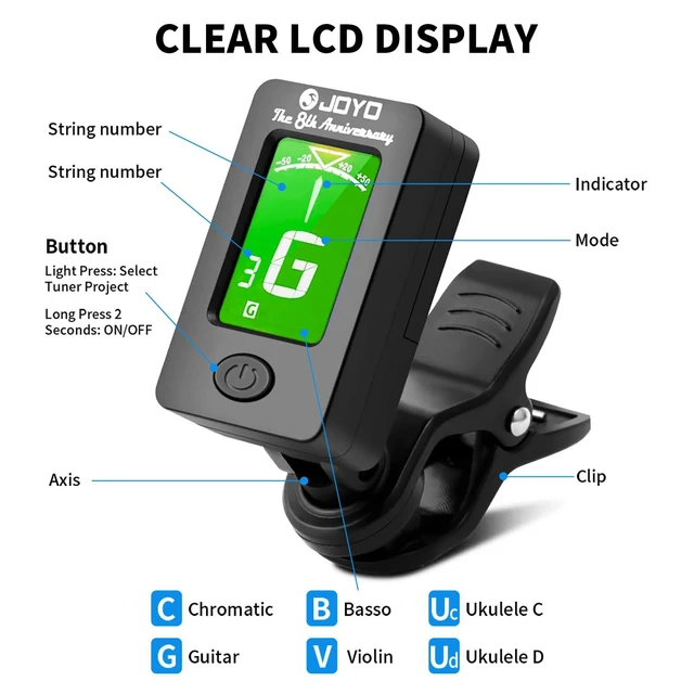 Alt view image 3 of 7 - Guitar Tuner and Capo Set Clip On Chromatic Guitar Tuner with LCD Display & Premium Guitar Capo & Picks Fast Accurate Tuning for Acoustic Electric Guitar, Bass, Ukulele, Violin (JTCP-01)