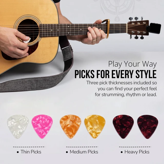 Alt view image 7 of 7 - Acoustic Guitar Accessories Kit - Gifts for Guitar Players, USB-C Tuner, Capo, Denim Strap & More