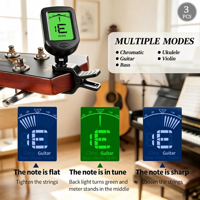 Alt view image 3 of 7 - Guitar Tuner Clip On 3 Pack Tuners for Acoustic Electric Guitar Bass Ukulele Violin banjo Tuning