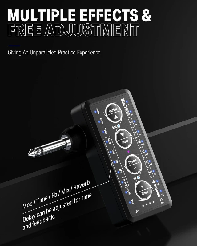 Alt view image 3 of 7 - Guitar Headphone Amp Mini Turbo with Multi Effects & Built in Tuner | 10 Amp Models, 4 effects(Delay, Reverb, Chorus, Phaser), 10 Presets, Rechargeable, Wireless, USB Recording, Silent Practice