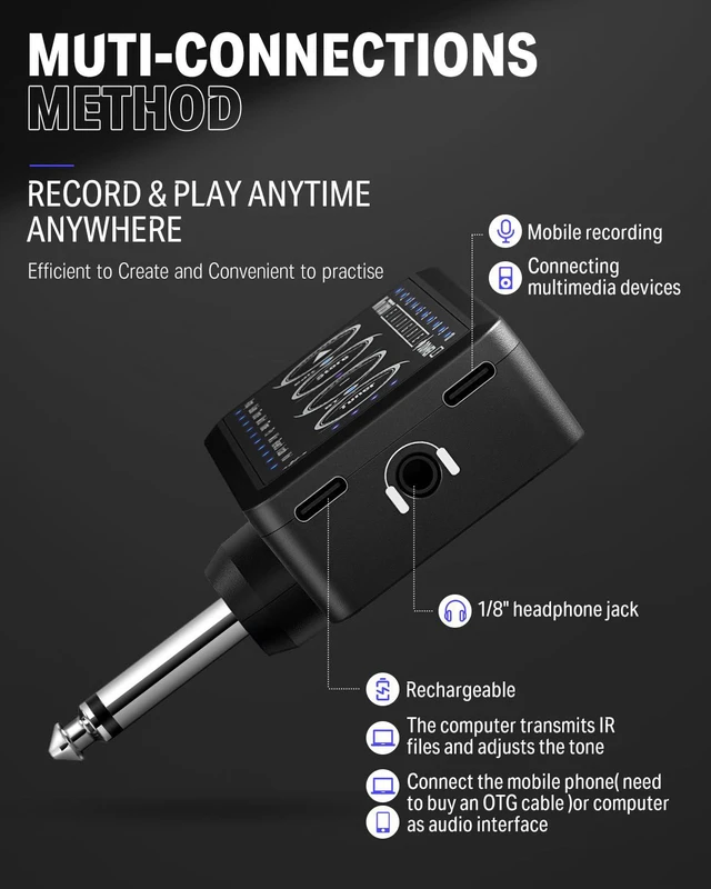 Alt view image 4 of 7 - Guitar Headphone Amp Mini Turbo with Multi Effects & Built in Tuner | 10 Amp Models, 4 effects(Delay, Reverb, Chorus, Phaser), 10 Presets, Rechargeable, Wireless, USB Recording, Silent Practice