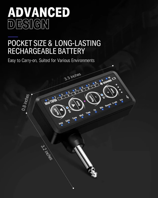Alt view image 6 of 7 - Guitar Headphone Amp Mini Turbo with Multi Effects & Built in Tuner | 10 Amp Models, 4 effects(Delay, Reverb, Chorus, Phaser), 10 Presets, Rechargeable, Wireless, USB Recording, Silent Practice