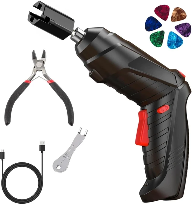 Main image of 250RPM Guitar String Winder Tool with LED Light | Includes String Cutter, Bridge Pin Puller & 6 Picks. Compatible with Electric, Acoustic, Bass & Ukulele guitars.