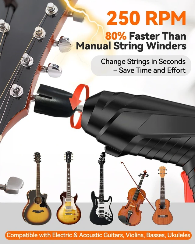 Alt view image 2 of 7 - 250RPM Guitar String Winder Tool with LED Light | Includes String Cutter, Bridge Pin Puller & 6 Picks. Compatible with Electric, Acoustic, Bass & Ukulele guitars.