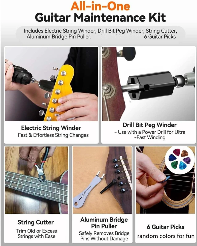 Alt view image 3 of 7 - 250RPM Guitar String Winder Tool with LED Light | Includes String Cutter, Bridge Pin Puller & 6 Picks. Compatible with Electric, Acoustic, Bass & Ukulele guitars.