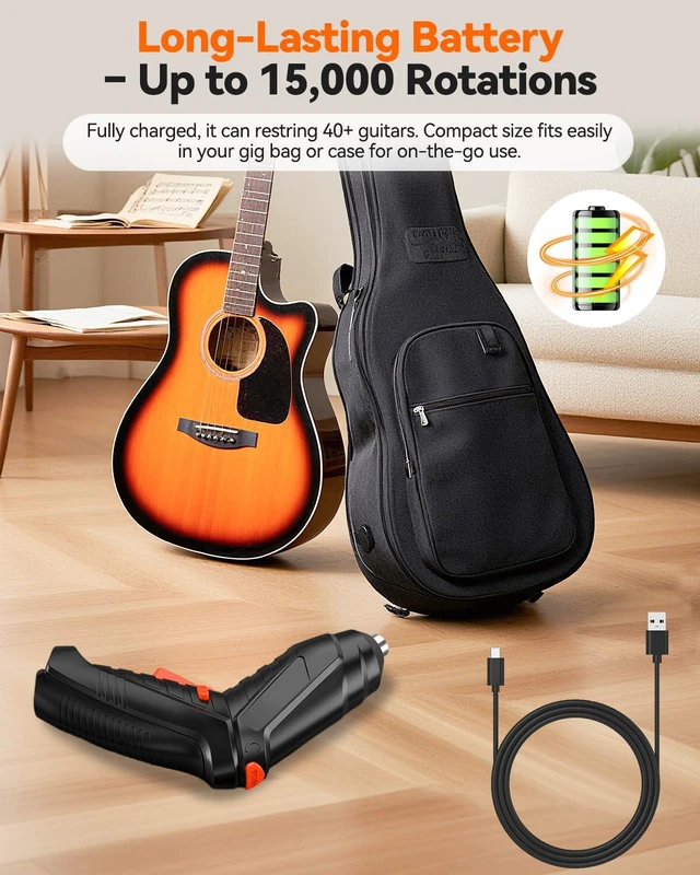 Alt view image 6 of 7 - 250RPM Guitar String Winder Tool with LED Light | Includes String Cutter, Bridge Pin Puller & 6 Picks. Compatible with Electric, Acoustic, Bass & Ukulele guitars.