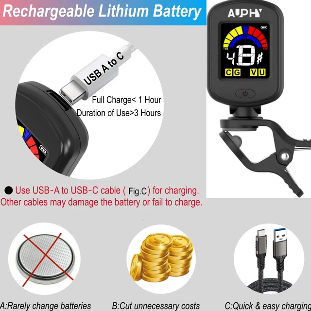 Alt view image 3 of 7 - Rechargeable Clip On Tuner for Guitar Ukulele Violin Banjo Bass Mandolin etc,440Hz Chromatic Tuner with Precise Tuning & Colorful Display,Easy to Ues for Beginners(Type-C cable not included)