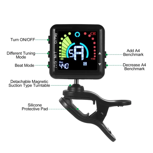 Alt view image 3 of 7 - Guitar Tuner Rechargeable, Clip On Tuner with LCD Color Display with Guitar, Ukulele, Violin and Chromatic Tuning Modes, Professional Electric Guitar Tuner & Metronome for All Stringed Instruments