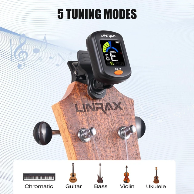Alt view image 2 of 7 - LT-3 Guitar Tuner Rechargeable, Clip On Tuner with LCD Color Display, Chromatic Tuner for Guitar Bass Ukulele Violin Banjo Mandolin, Digital Tuner for Stringed Instruments, Guitar Accessories