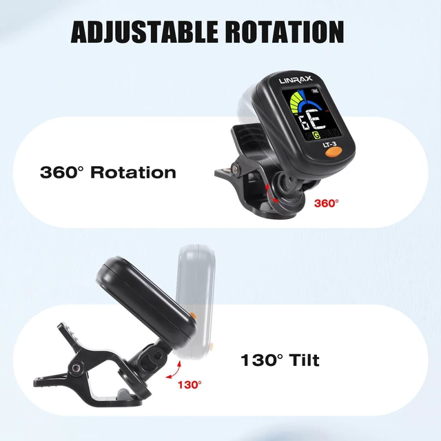 Alt view image 4 of 7 - LT-3 Guitar Tuner Rechargeable, Clip On Tuner with LCD Color Display, Chromatic Tuner for Guitar Bass Ukulele Violin Banjo Mandolin, Digital Tuner for Stringed Instruments, Guitar Accessories