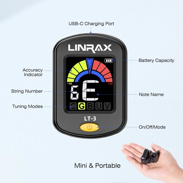 Alt view image 6 of 7 - LT-3 Guitar Tuner Rechargeable, Clip On Tuner with LCD Color Display, Chromatic Tuner for Guitar Bass Ukulele Violin Banjo Mandolin, Digital Tuner for Stringed Instruments, Guitar Accessories