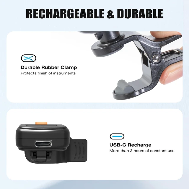 Alt view image 5 of 7 - LT-3 Guitar Tuner Rechargeable, Clip On Tuner with LCD Color Display, Chromatic Tuner for Guitar Bass Ukulele Violin Banjo Mandolin, Digital Tuner for Stringed Instruments, Guitar Accessories