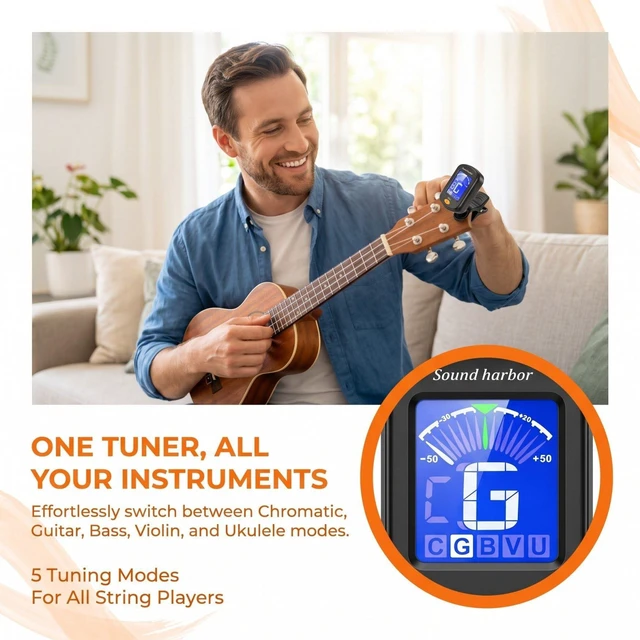 Alt view image 7 of 7 - Guitar Tuner,Clip-On Tuner Model SH-07 Tuners,for Acoustic Electric Guitar, Bass, Ukulele, Violin,banjo Tuning (Black, 2-Pack Tunrer)