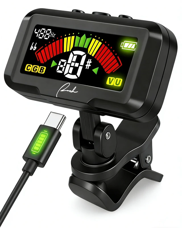 Main image of Rechargeable Chromatic Clip-On Tuner for Guitar/Ukulele/Bass/Violin | Fast Pitch Detection: USB Rechargeable power. Noise Immunity & Vibration-based Tuning optimized for string instruments