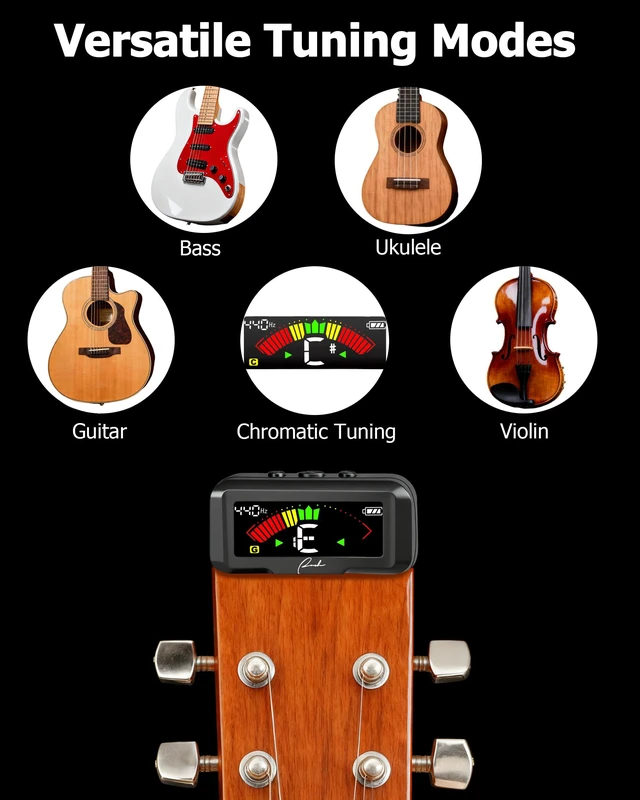 Alt view image 3 of 7 - Rechargeable Chromatic Clip-On Tuner for Guitar/Ukulele/Bass/Violin | Fast Pitch Detection: USB Rechargeable power. Noise Immunity & Vibration-based Tuning optimized for string instruments