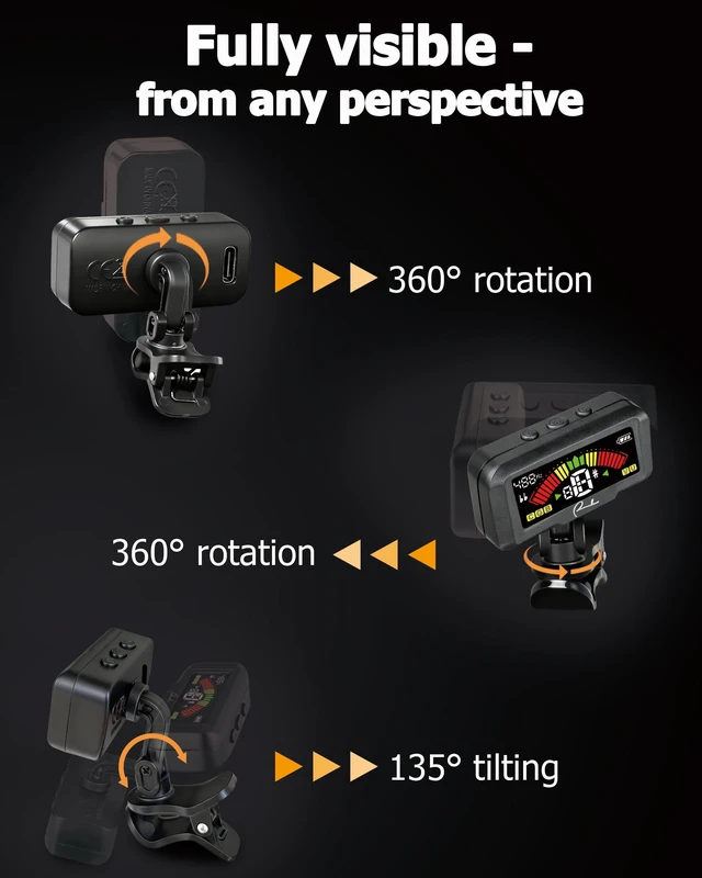 Alt view image 6 of 7 - Rechargeable Chromatic Clip-On Tuner for Guitar/Ukulele/Bass/Violin | Fast Pitch Detection: USB Rechargeable power. Noise Immunity & Vibration-based Tuning optimized for string instruments