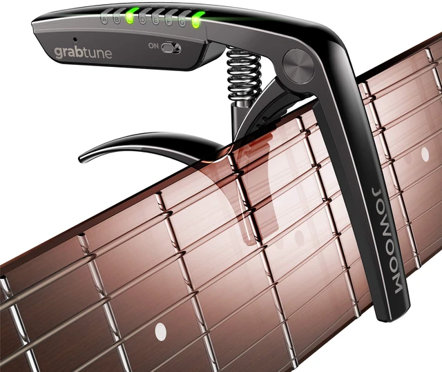 Main image of Grabtune Acoustic Guitar Capo-Tuner | 2 In 1 Equipment | Precise and Accurate Tuning System | Full Color LED Edge Lighting Display | USB Rechargeable Battery | Chrome Plating (Black)