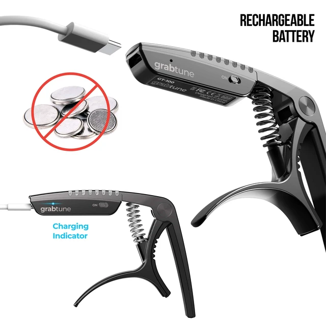 Alt view image 5 of 6 - Grabtune Acoustic Guitar Capo-Tuner | 2 In 1 Equipment | Precise and Accurate Tuning System | Full Color LED Edge Lighting Display | USB Rechargeable Battery | Chrome Plating (Black)