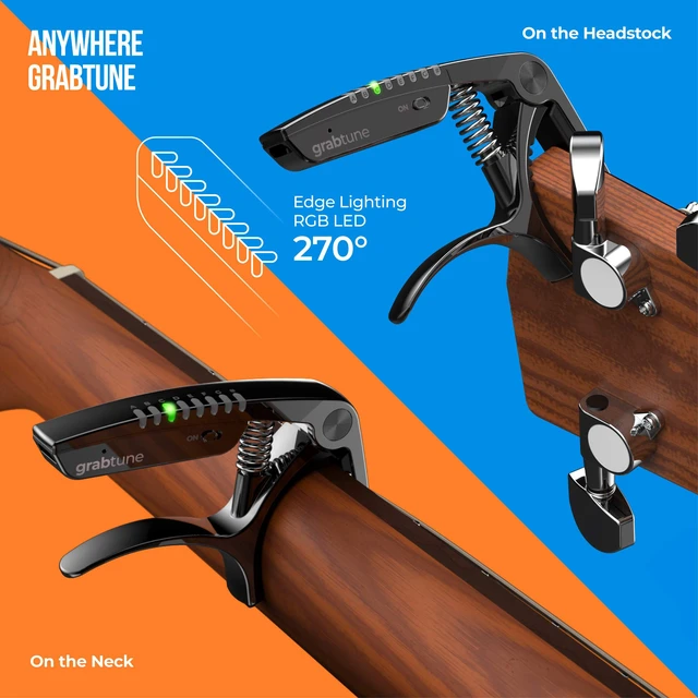 Alt view image 6 of 6 - Grabtune Acoustic Guitar Capo-Tuner | 2 In 1 Equipment | Precise and Accurate Tuning System | Full Color LED Edge Lighting Display | USB Rechargeable Battery | Chrome Plating (Black)