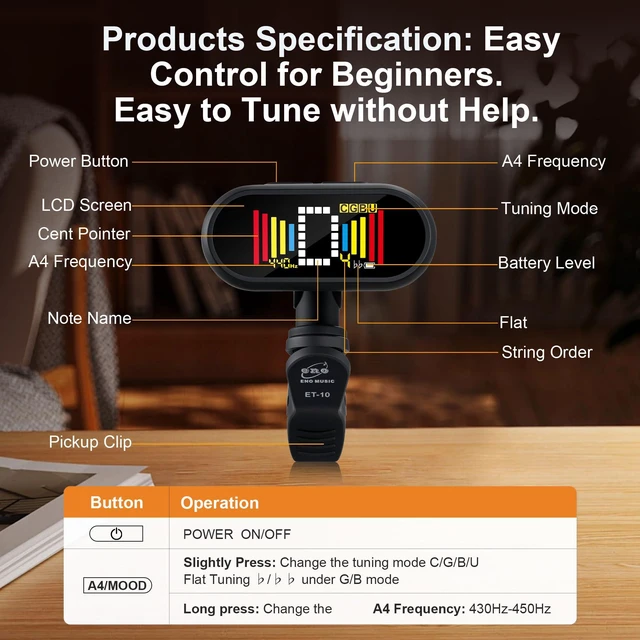 Alt view image 3 of 7 - Rechargeable Clip-on Tuner for Acoustic Guitar Electric Bass Ukulele with Chromatic Mode, Matt Black