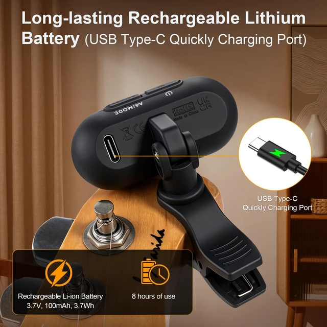 Alt view image 2 of 7 - Rechargeable Clip-on Tuner for Acoustic Guitar Electric Bass Ukulele with Chromatic Mode, Matt Black