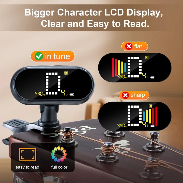 Alt view image 4 of 7 - Rechargeable Clip-on Tuner for Acoustic Guitar Electric Bass Ukulele with Chromatic Mode, Matt Black
