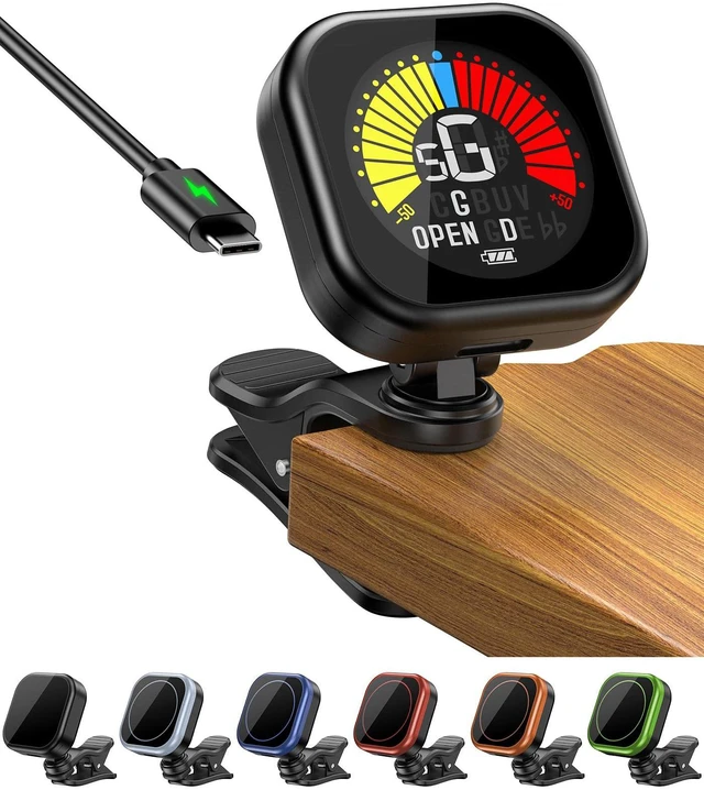 Main image of Guitar Tuner Clip-On Rechargeable with Color Screen 360° Rotatable Acoustic Chromatic Open Tuning for Guitar, Bass, Ukulele, Violin, Cello(Black, 1 Pack)