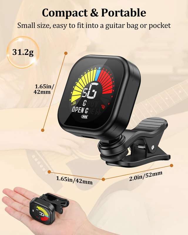 Alt view image 7 of 7 - Guitar Tuner Clip-On Rechargeable with Color Screen 360° Rotatable Acoustic Chromatic Open Tuning for Guitar, Bass, Ukulele, Violin, Cello(Black, 1 Pack)
