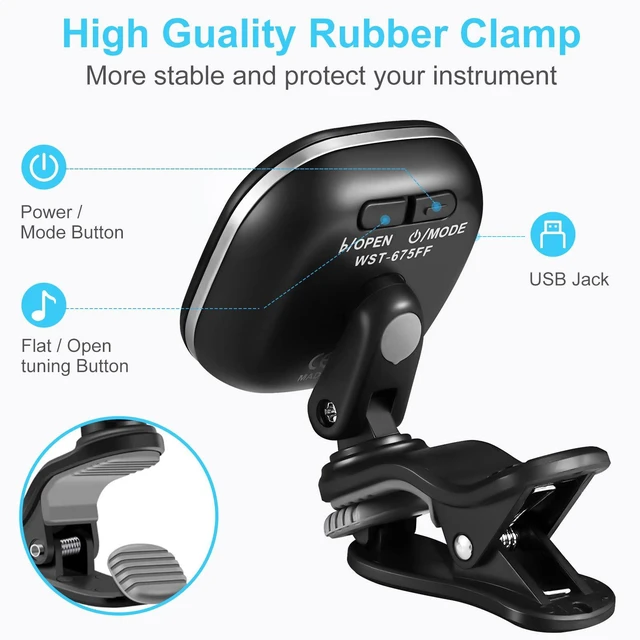 Alt view image 3 of 7 - Guitar Tuner Rechargeable, Tuner Clip On for Guitar, Bass, Chromatic, Ukulele,Violin Tuner, Fast Accuratie Tuning, Super Bright Display to Read, for Professional/Beginners