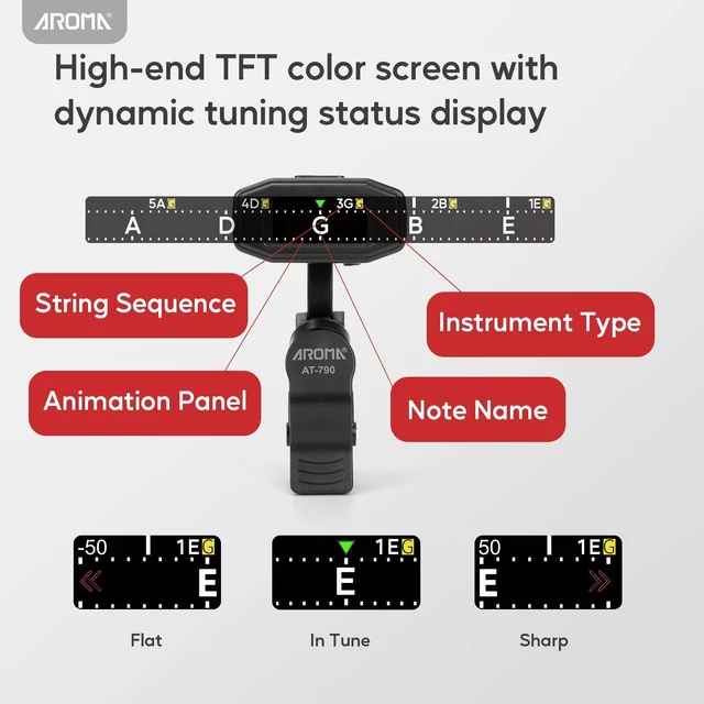 Alt view image 2 of 7 - Guitar Tuner Clip On Rechargeable Chromatic Tuner for Guitar Bass Ukulele Violin Mandolin with TFT Screen Easy to Read in Strong Light