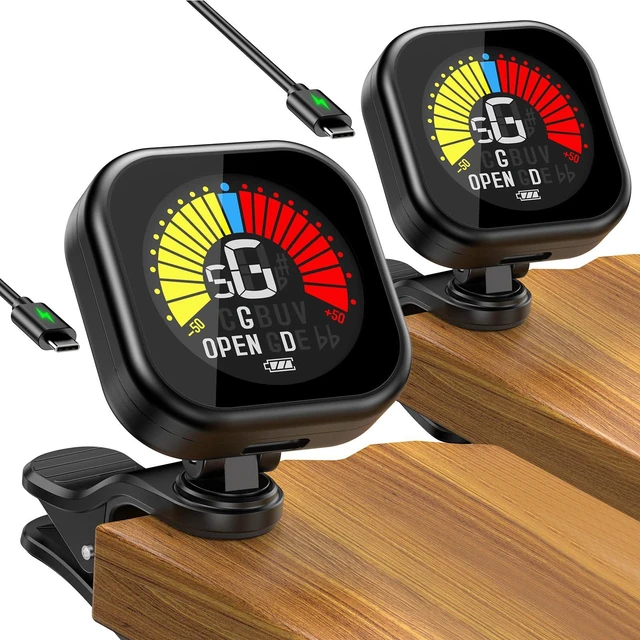 Main image of Guitar Tuner Clip-On Rechargeable with Color Screen 360° Rotatable Acoustic Chromatic Open Tuning for Guitar, Bass, Ukulele, Violin (Black, 2 Pack)