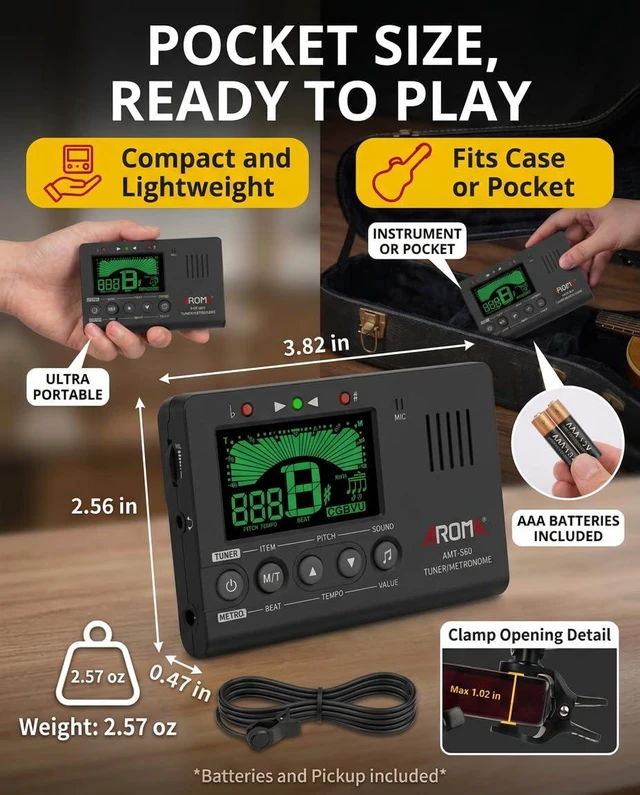 Alt view image 6 of 7 - Aroma 3-in-1 Digital Metronome Tuner for Guitar, Bass, Violin, Piano | For All Instruments - Ukulele, Trumpet, Flute, Clarinet - Accurate Chromatic Tuner, Tone Generator, Easy to Use, Pocket Size