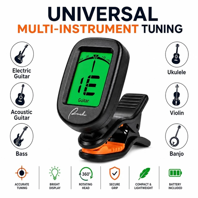Alt view image 2 of 7 - Clip-On Tuner for Guitar Bass Ukulele Violin Banjo - Chromatic | Vibration-Based Noise Immunity, 360° Rotatable Display, Multi-Instrument for Acoustic/Electric Guitar, Bass, Ukulele, Violin
