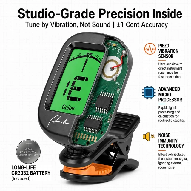 Alt view image 3 of 7 - Clip-On Tuner for Guitar Bass Ukulele Violin Banjo - Chromatic | Vibration-Based Noise Immunity, 360° Rotatable Display, Multi-Instrument for Acoustic/Electric Guitar, Bass, Ukulele, Violin