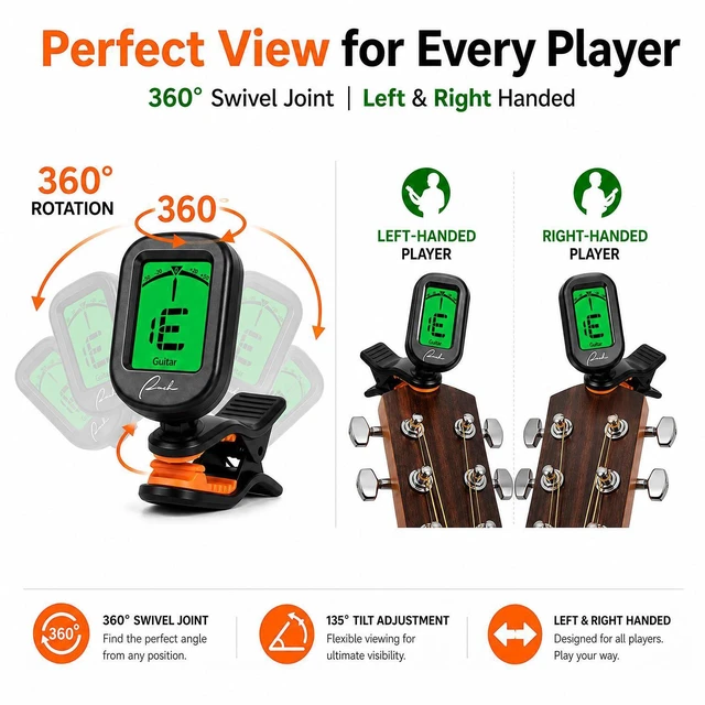 Alt view image 5 of 7 - Clip-On Tuner for Guitar Bass Ukulele Violin Banjo - Chromatic | Vibration-Based Noise Immunity, 360° Rotatable Display, Multi-Instrument for Acoustic/Electric Guitar, Bass, Ukulele, Violin